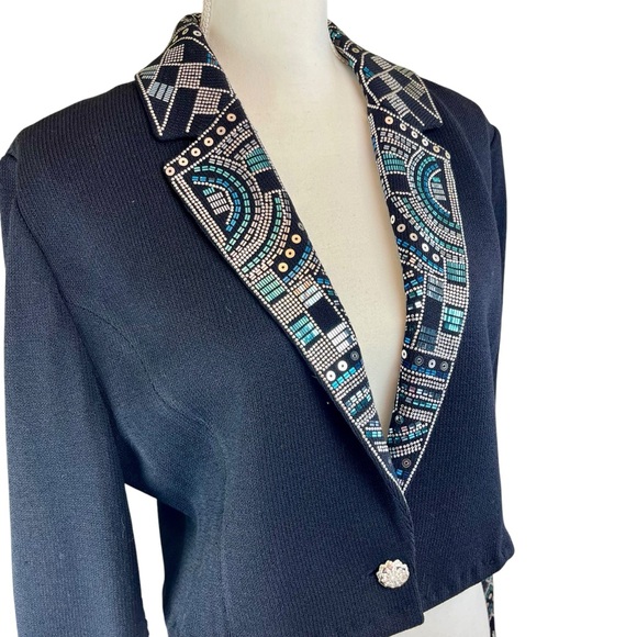 ST JOHN Black Knit Beaded Bolero Jacket Fringe 12 Cowgirl Western Sequin Cropped - Picture 12 of 16